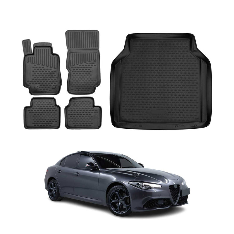 Set tappetini e vaschetta per bagagliaio per Alfa Romeo Giulia 4 2015-2025 TPE Nero