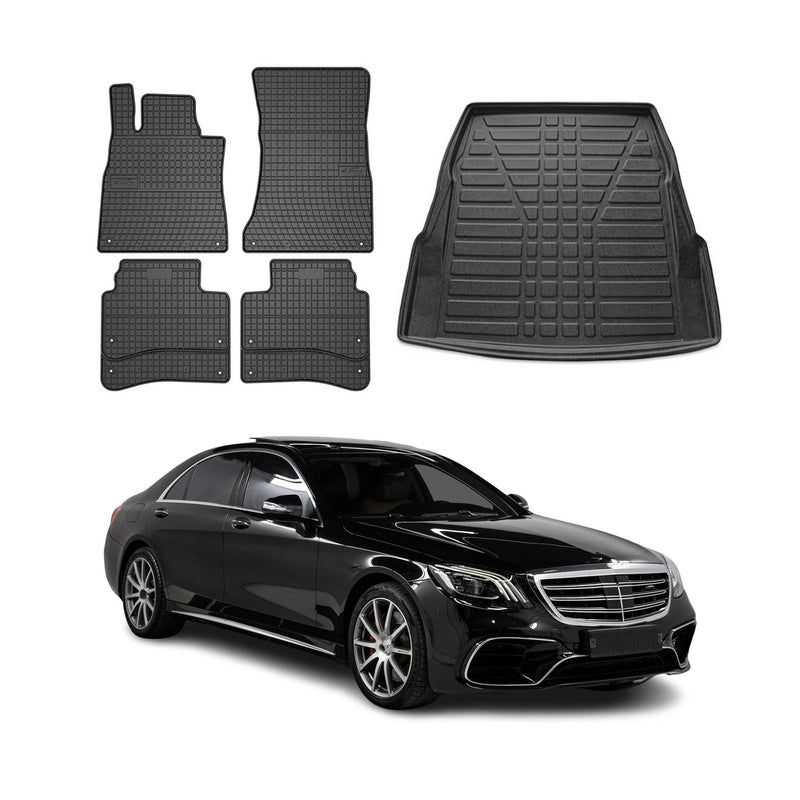 Set di tappetini e vaschetta per bagagliaio per Mercedes Classe S W222 Limo 2014-2018 in gomma