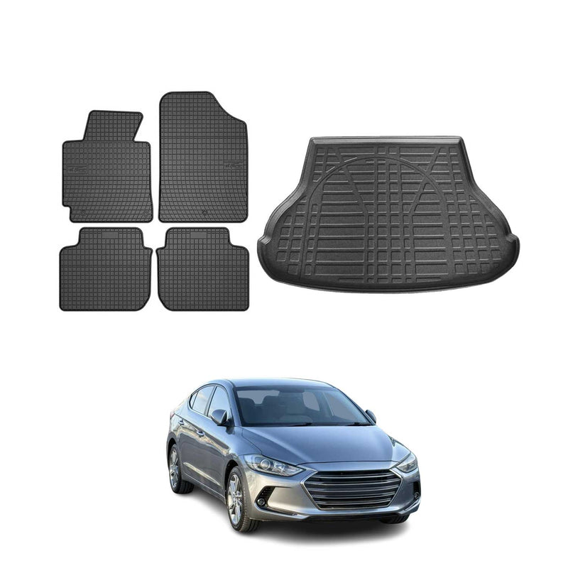 Set di tappetini e vaschetta per bagagliaio per Hyundai Elantra 2010-2015 in gomma nera 5 pezzi
