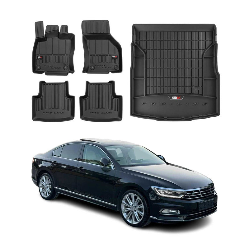 Set di tappetini e vaschetta per bagagliaio OMAC per VW Passat B8 2014-2019 in gomma nera, 5 pezzi