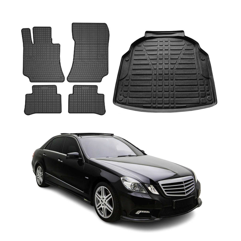 Set di tappetini e vaschetta per bagagliaio per Mercedes Classe E W212 2009-2016 in gomma 5 pezzi