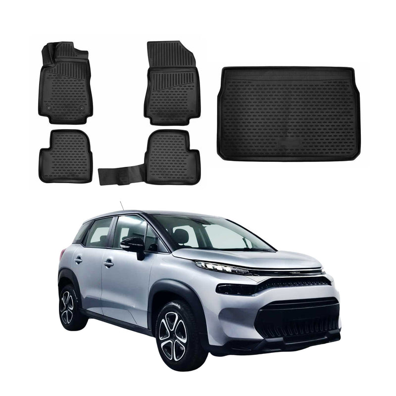 Set tappetini e vaschetta per bagagliaio per Citroen C3 2016-2024 in gomma TPE Nero 5 pezzi