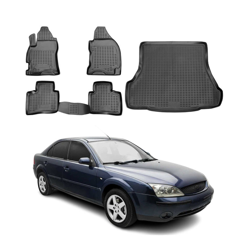 Set di tappetini e vaschetta per bagagliaio per Ford Mondeo mk3 2000-2007 TPE Nero