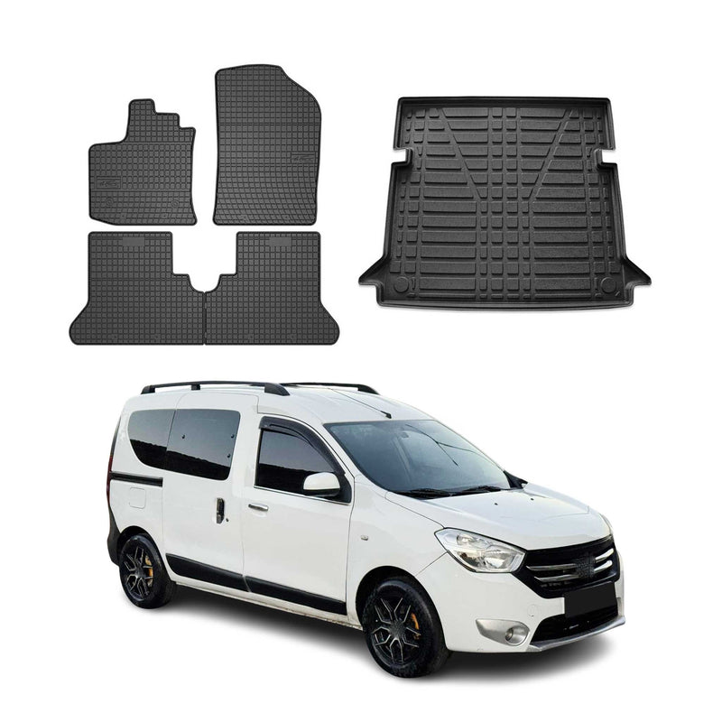 Set tappetini e vaschetta per bagagliaio per Dacia Dokker 2012-2024 in gomma TPE Nero 5 pezzi