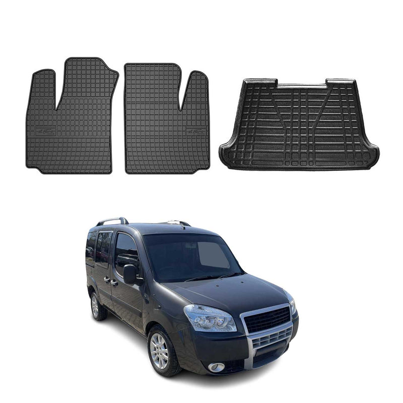 Set tappetini e vaschetta per bagagliaio per Fiat Doblo 2000-2010 in gomma TPE Nero 3x