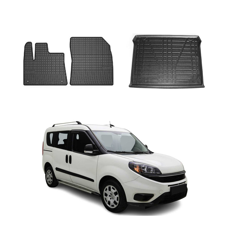 Set tappetini e vaschetta per bagagliaio per Fiat Doblo 2010-2024 Gomma TPE Nero 3x