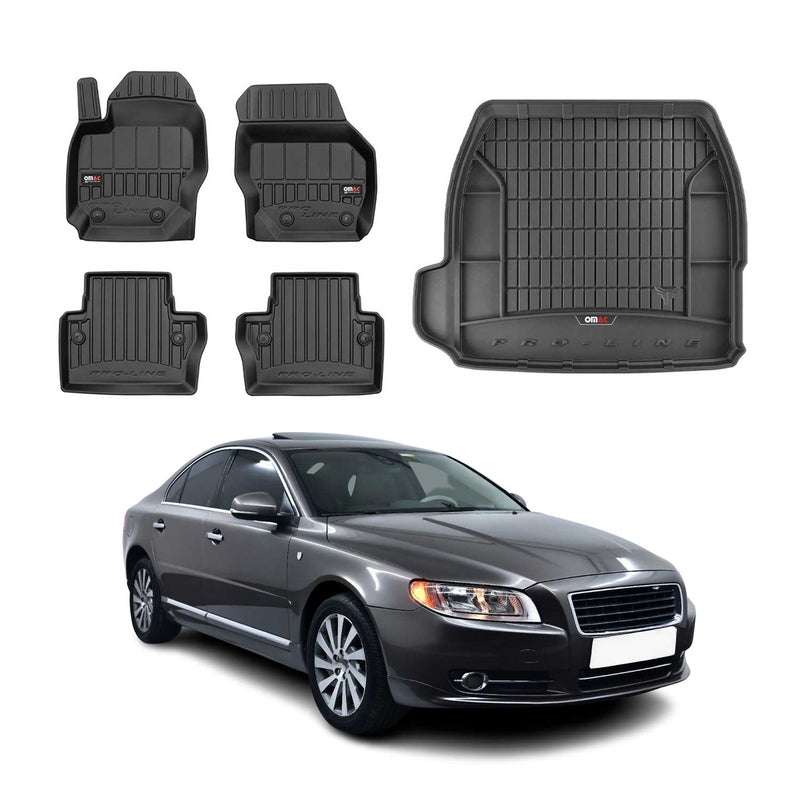 Set di tappetini e vaschetta per bagagliaio OMAC per Volvo S80 2006-2016 in gomma nera, 5 pezzi