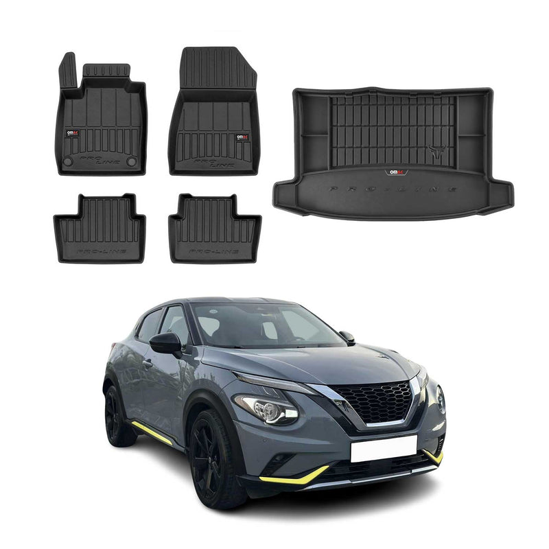 Set di tappetini e vaschetta per bagagliaio OMAC per Nissan Juke 2019-2025 in gomma nera, 5 pezzi