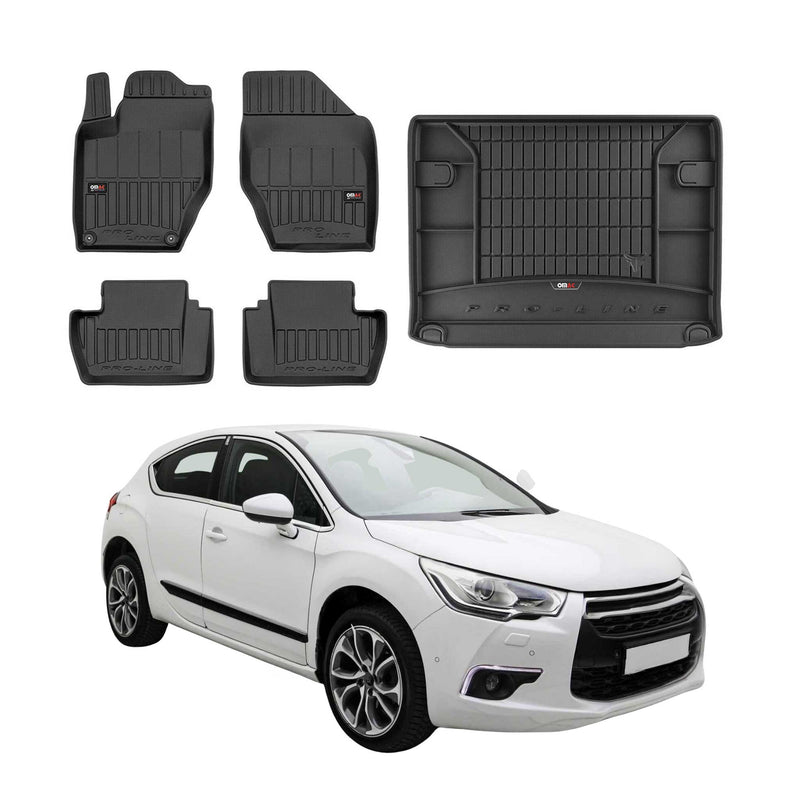 Set di tappetini e vaschetta per bagagliaio OMAC per Citroen DS4 2011-2015 in gomma nera, 5 pezzi