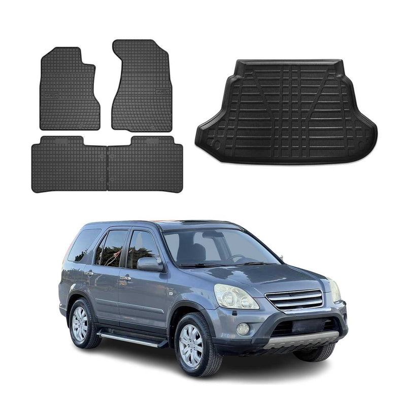 Set di tappetini e vaschetta per bagagliaio per Honda CR-V 2001-2006 in gomma TPE nera 5 pezzi