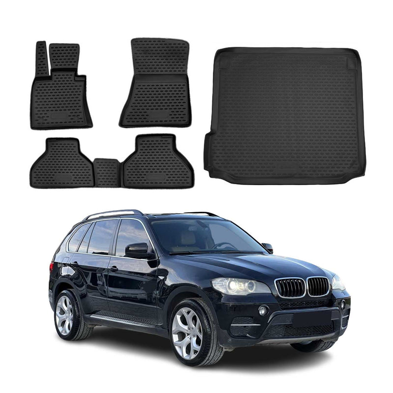Set tappetini e vaschetta per bagagliaio per BMW X5 E70 2006-2013 in gomma TPE nero 5 pezzi