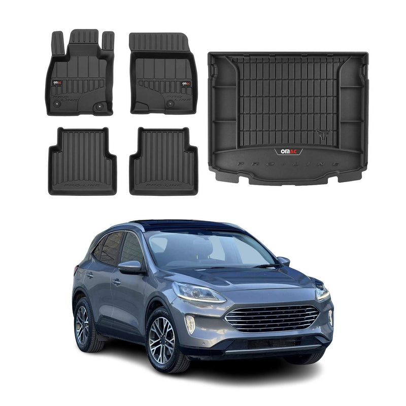 Set di tappetini e vaschetta per bagagliaio OMAC per Ford Kuga 2019-2025 in gomma nera, 5 pezzi