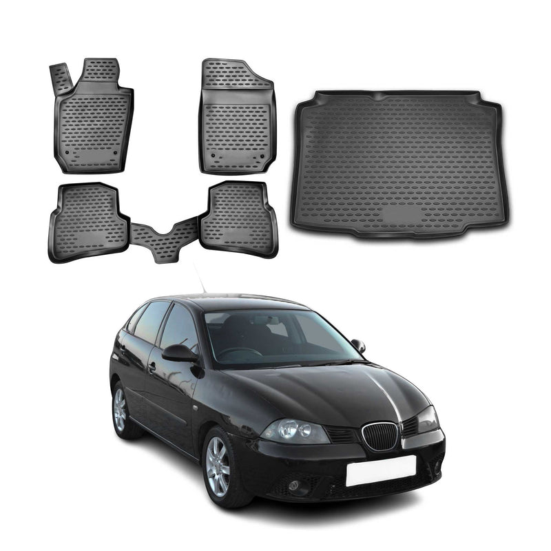 Set tappetini e vaschetta per bagagliaio per Seat Ibiza 2008-2017 in gomma TPE Nero 5 pezzi