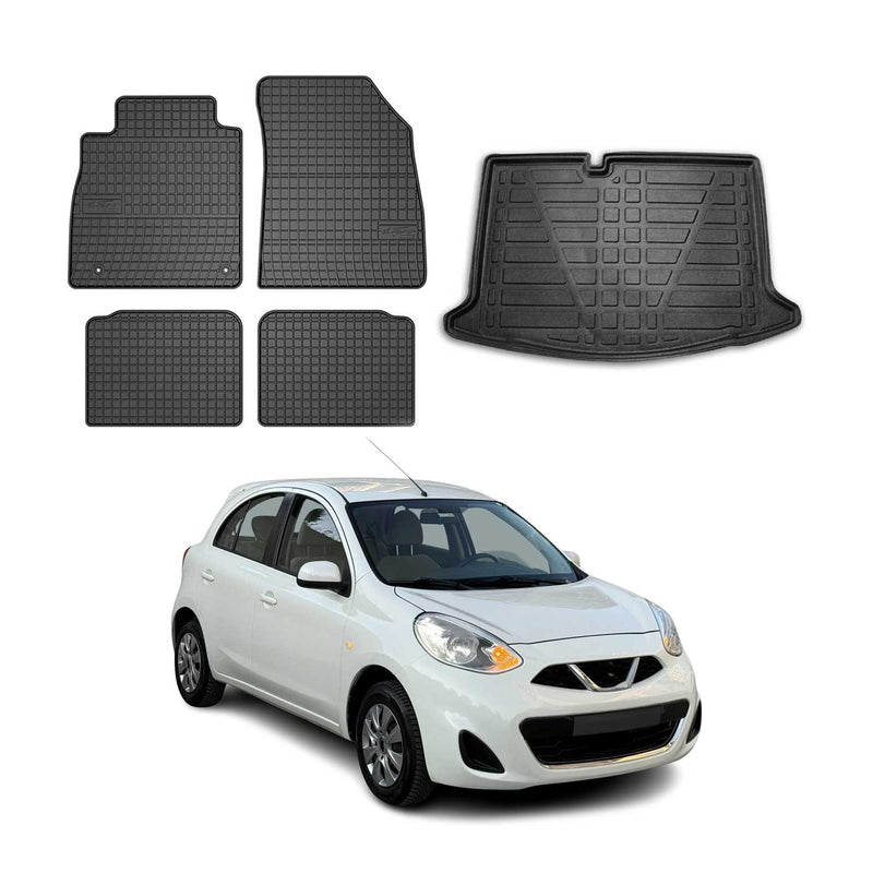 Set di tappetini e vaschetta per bagagliaio per Nissan Micra K14 2017-2025 in gomma nera 5 pezzi