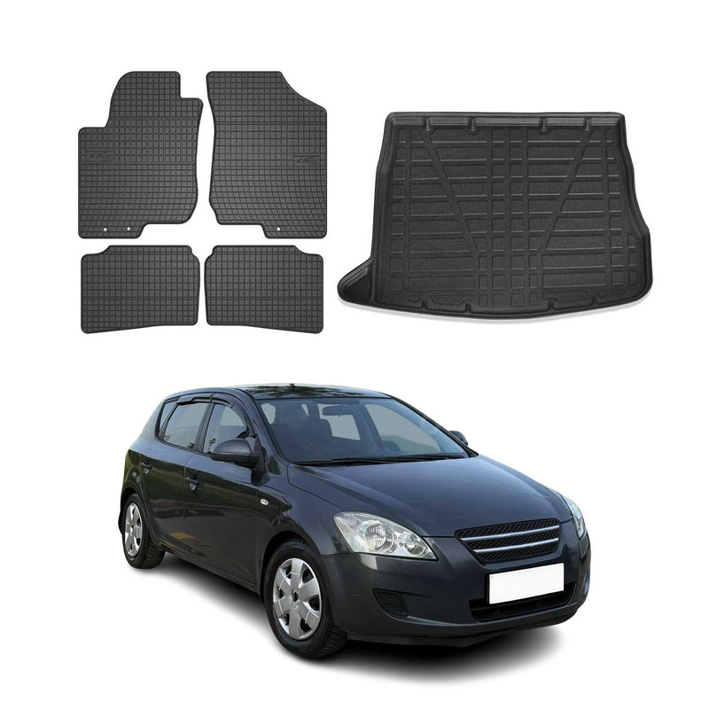 Set di tappetini e vaschetta per bagagliaio per Kia Ceed 2006-2012 in gomma TPE nera 5 pezzi