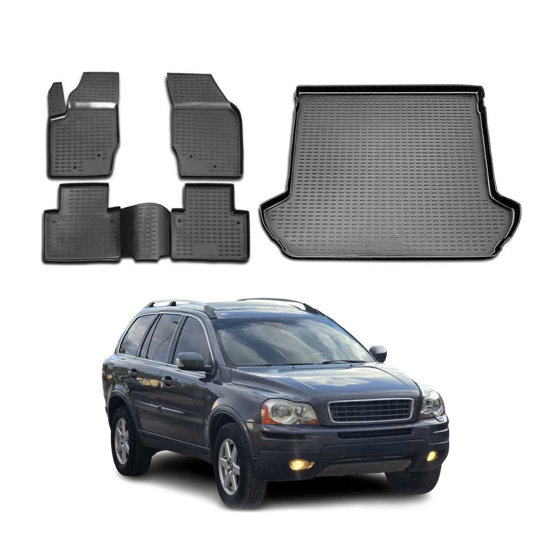 Set di tappetini e vaschetta per bagagliaio per Volvo XC90 2002-2015 in gomma TPE nera 5 pezzi