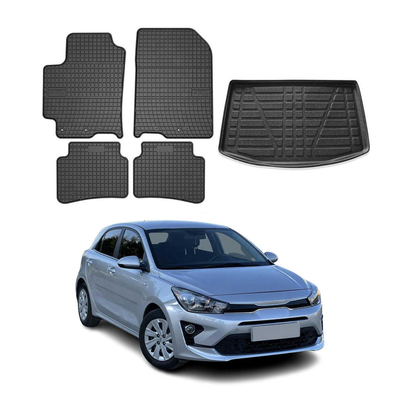 Set di tappetini e vaschetta per bagagliaio per Kia Rio 2018-2025 in gomma TPE nera 5 pezzi