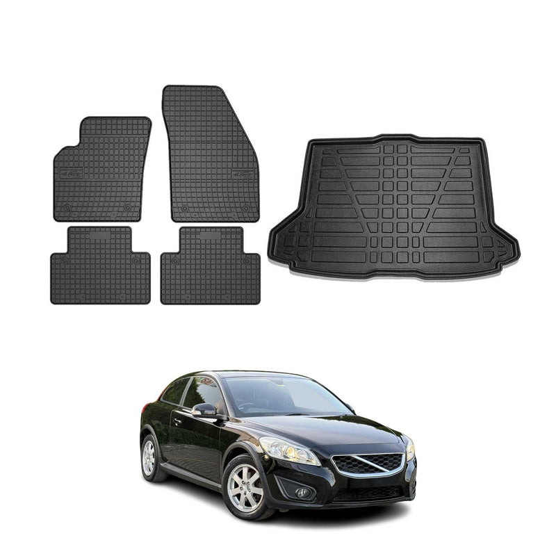 Set di tappetini e vaschetta per bagagliaio per Volvo C30 2006-2013 in gomma TPE nera 5 pezzi