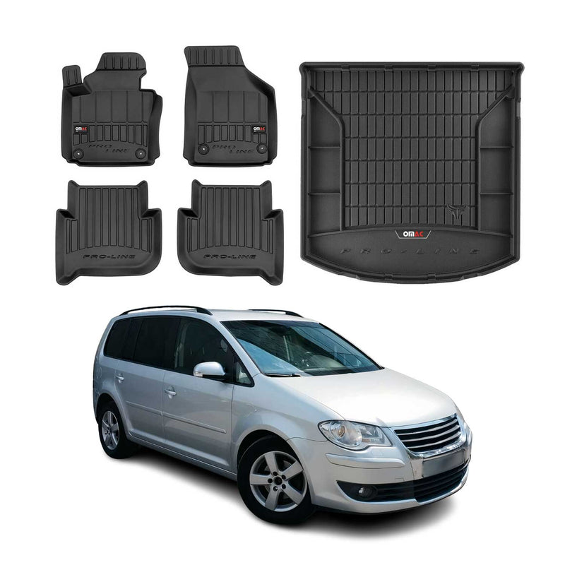 Set di tappetini e vaschetta per bagagliaio OMAC per VW Touran 2003-2010 in gomma nera, 5 pezzi