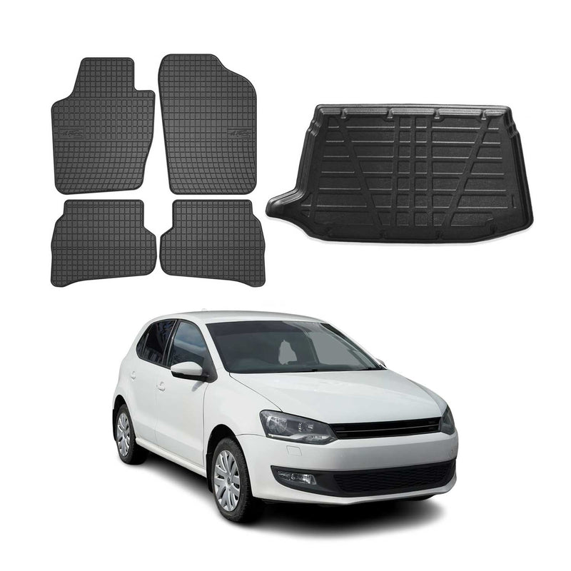Fußmatten & Kofferraumwanne Set für VW Polo 2009-2014 Obere Gummi Schwarz 5x
