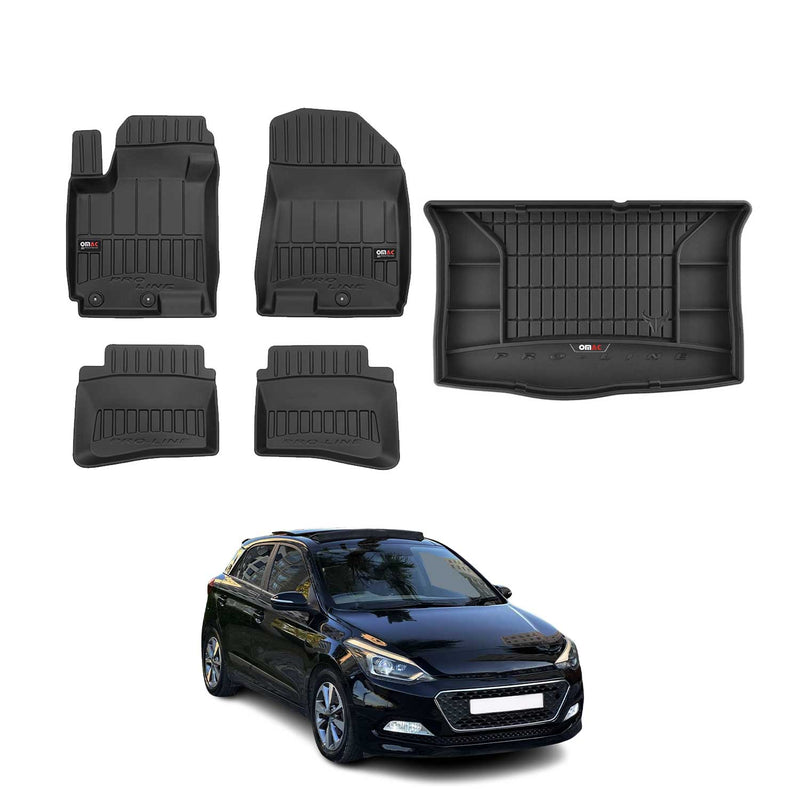 Set di tappetini e vaschetta per bagagliaio OMAC per Hyundai i20 2014-2020 in gomma nera, 5 pezzi