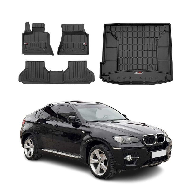 Set di tappetini e vaschetta per bagagliaio OMAC per BMW X6 E71 2007-2014 in gomma nera 4 pezzi