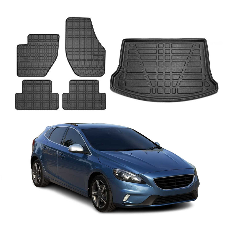 Set di tappetini e vaschetta per bagagliaio per Volvo V40 2012-2015 in gomma TPE nera 5 pezzi