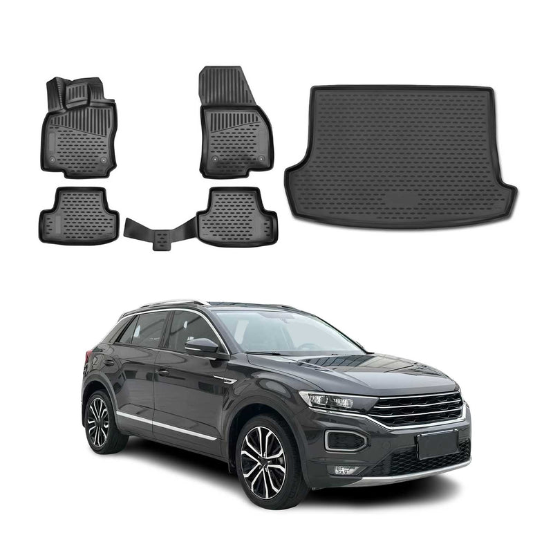 Set di tappetini e vaschetta per bagagliaio per VW T-Roc 2017-2025 in gomma TPE nera 5 pezzi
