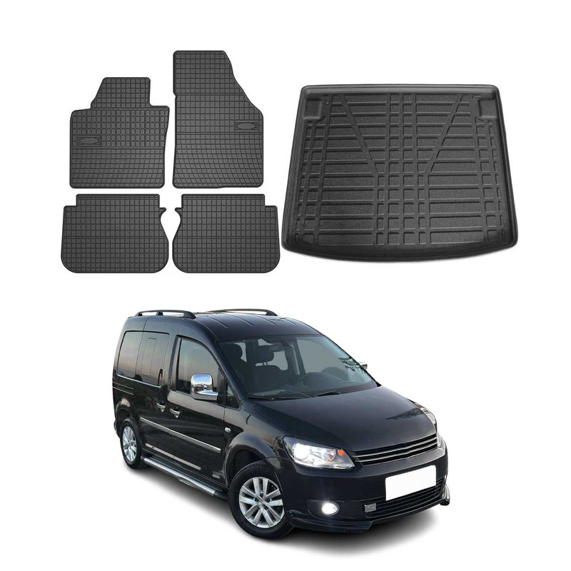 Set di tappetini e vaschetta per bagagliaio per VW Caddy 2010-2015 in gomma TPE nera 5 pezzi