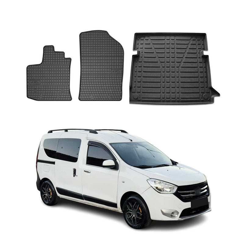 Set di tappetini e vaschetta per bagagliaio per Dacia Dokker 2012-2024 in gomma TPE Nero 3x