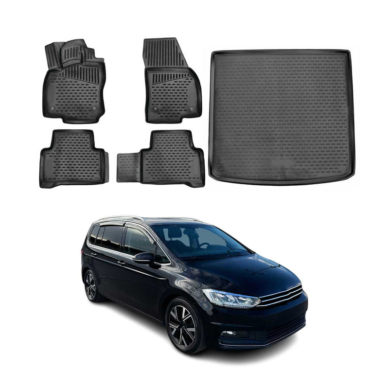 Set di tappetini e vaschetta per bagagliaio per VW Touran 2015-2025 in gomma TPE nera 5 pezzi