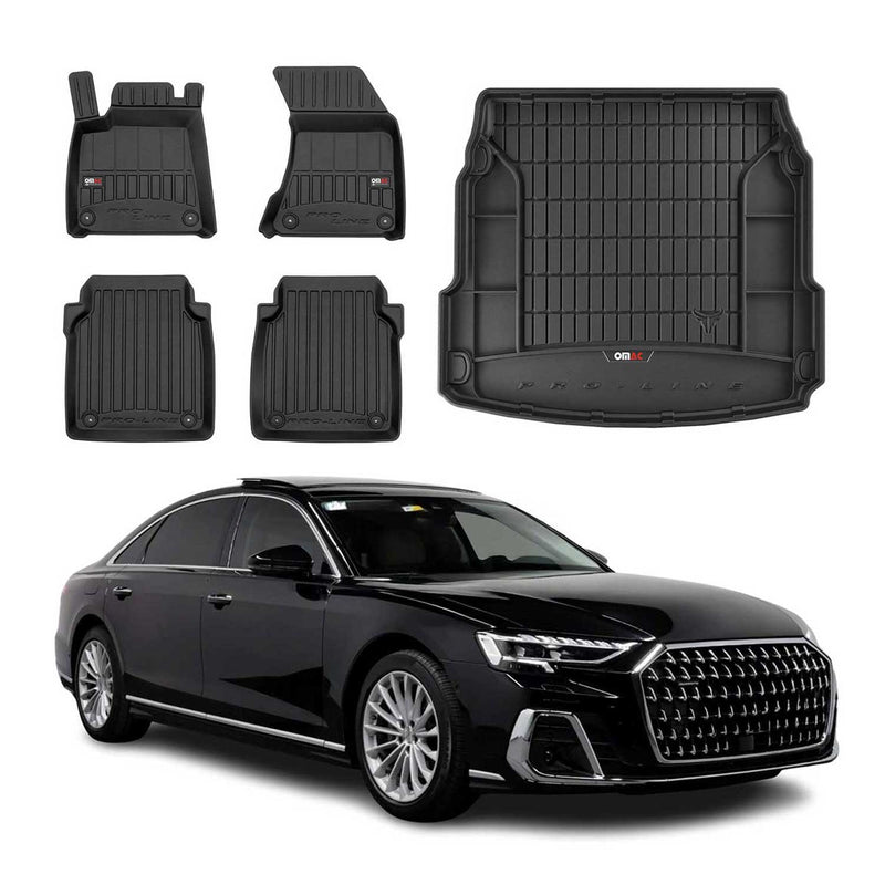 Set di tappetini e vaschetta per bagagliaio OMAC per Audi A8 D4 2009-2018 in gomma nera, 5 pezzi