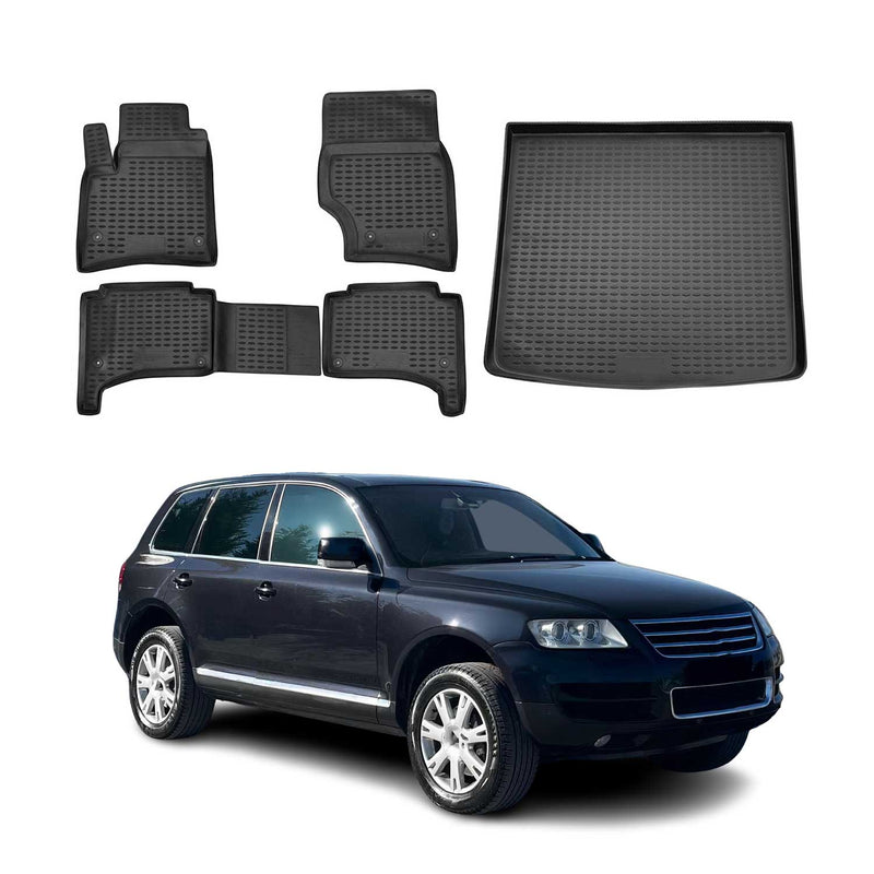 Set tappetini e vaschetta per bagagliaio per VW Touareg 2002-2010 in gomma TPE nero 5 pezzi