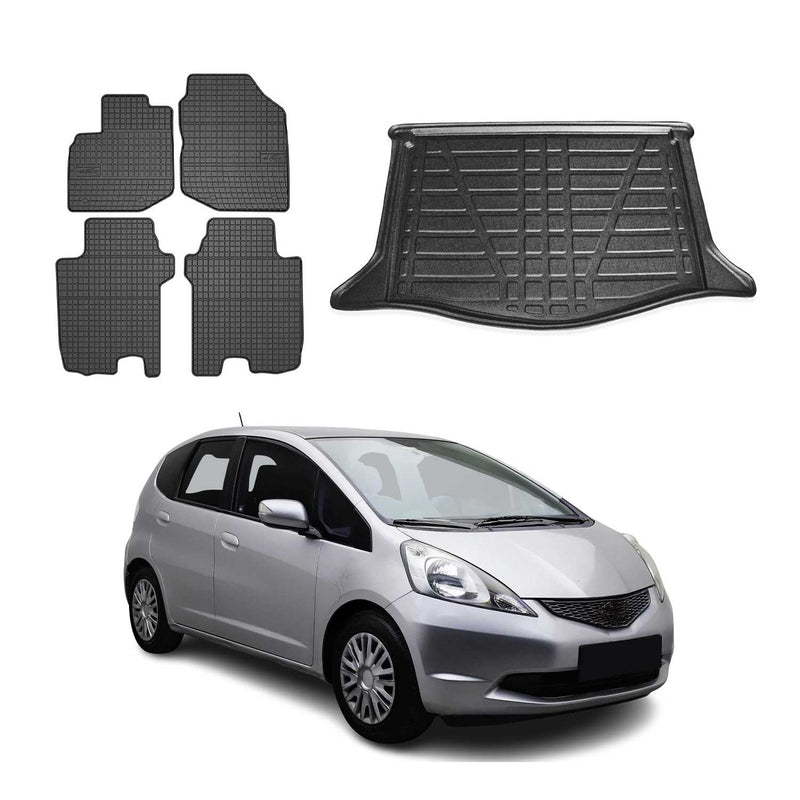 Set di tappetini e vaschetta per bagagliaio per Honda Jazz 2008-2015 in gomma TPE nera 5 pezzi
