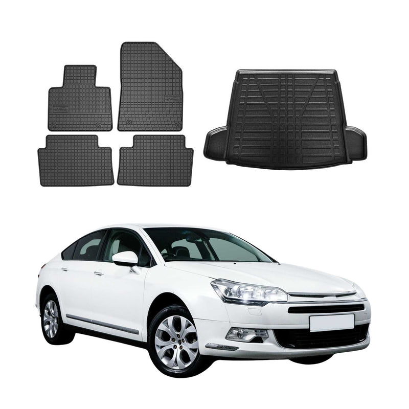 Set tappetini e vaschetta per bagagliaio per Citroen C5 2008-2017 in gomma TPE Nero 5 pezzi