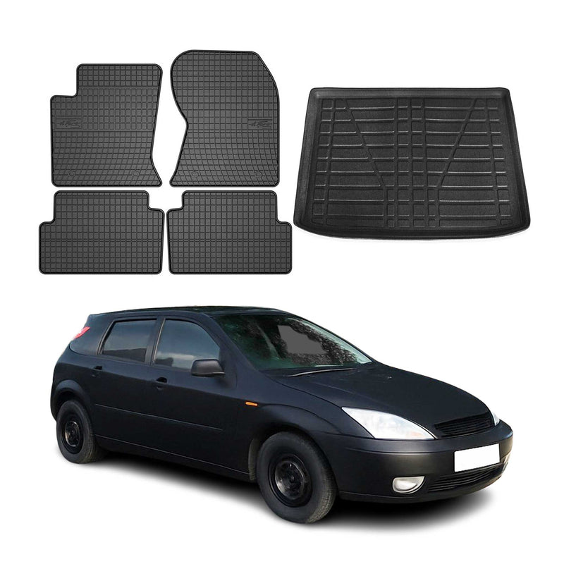 Set di tappetini e vaschetta per bagagliaio per Ford Focus mk1 1998-2004 cinque porte in gomma 5x