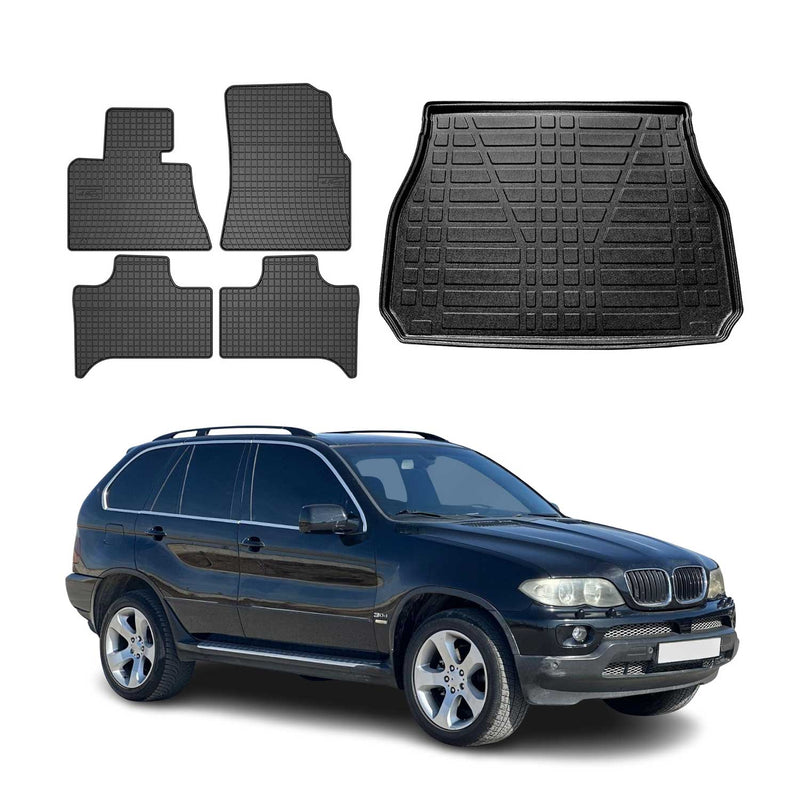 Set tappetini e vaschetta per bagagliaio per BMW X5 E53 1999-2006 Gomma Nero TPE 5 pezzi