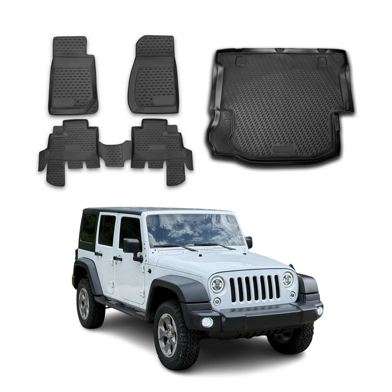 Set di tappetini e vaschetta per bagagliaio per Jeep Wrangler 2007-2017 in gomma TPE nera 5 pezzi