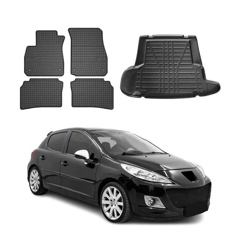 Set tappetini e vaschetta per bagagliaio per Peugeot 206 berlina 2007-2012 in gomma 5 pezzi