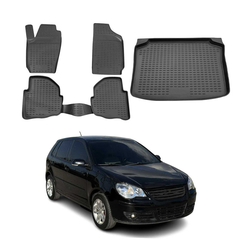 Set tappetini e vaschetta per bagagliaio per VW Polo 2001-2009 in gomma TPE nero 5 pezzi