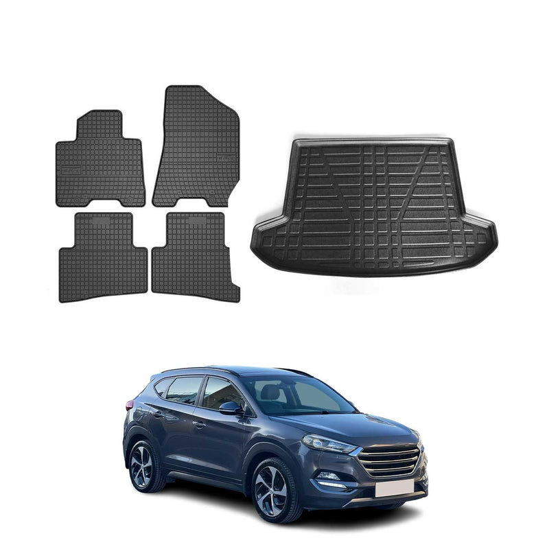 Set di tappetini e vaschetta per bagagliaio per Hyundai Tucson 2015-2020 in gomma nera, 5 pezzi