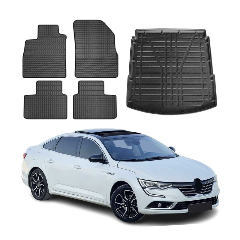 Set tappetini e vaschetta per bagagliaio per Renault Talisman 2015-2025 Gomma Nero 5 pezzi