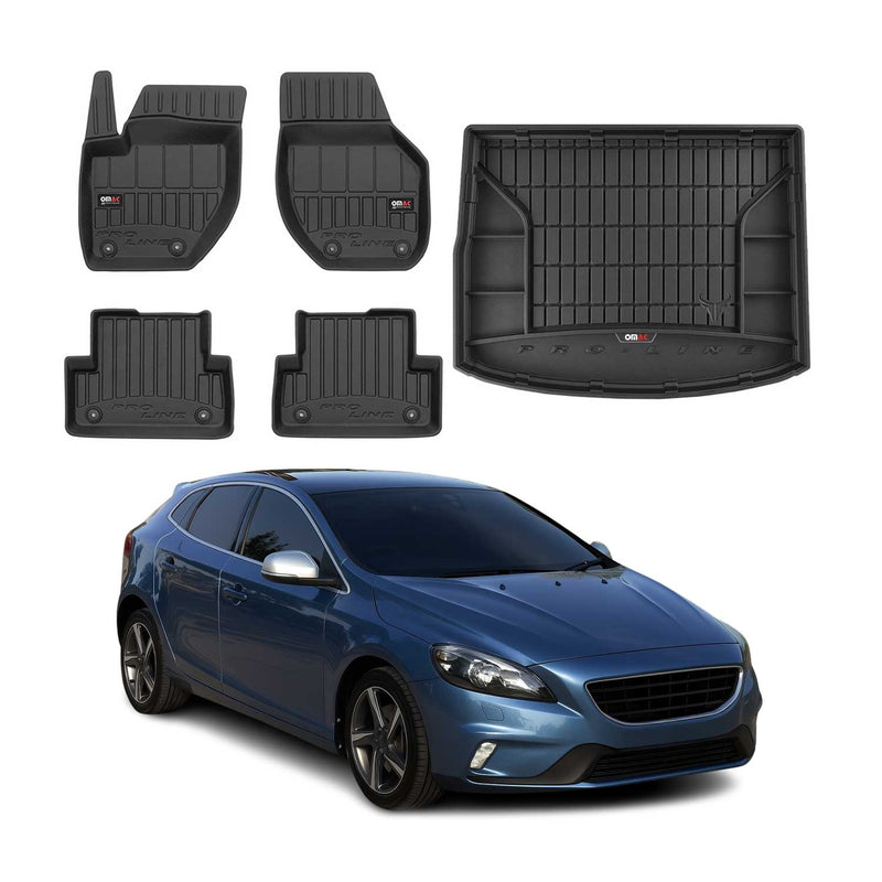Set di tappetini e vaschetta per bagagliaio OMAC per Volvo V40 2012-2019 in gomma nera, 5 pezzi