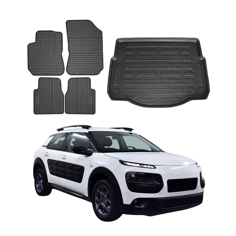 Set tappetini e vaschetta per bagagliaio per Citroen C4 Cactus 2018-2024 Gomma Nero 5 pezzi