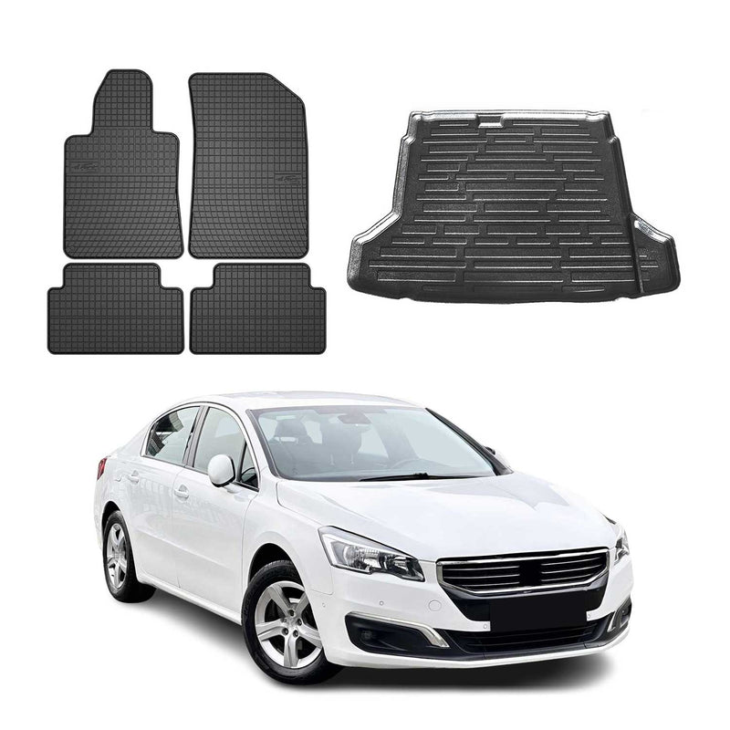 Set tappetini e vaschetta per bagagliaio per Peugeot 508 Allure 2010-2018 in gomma TPE 5x