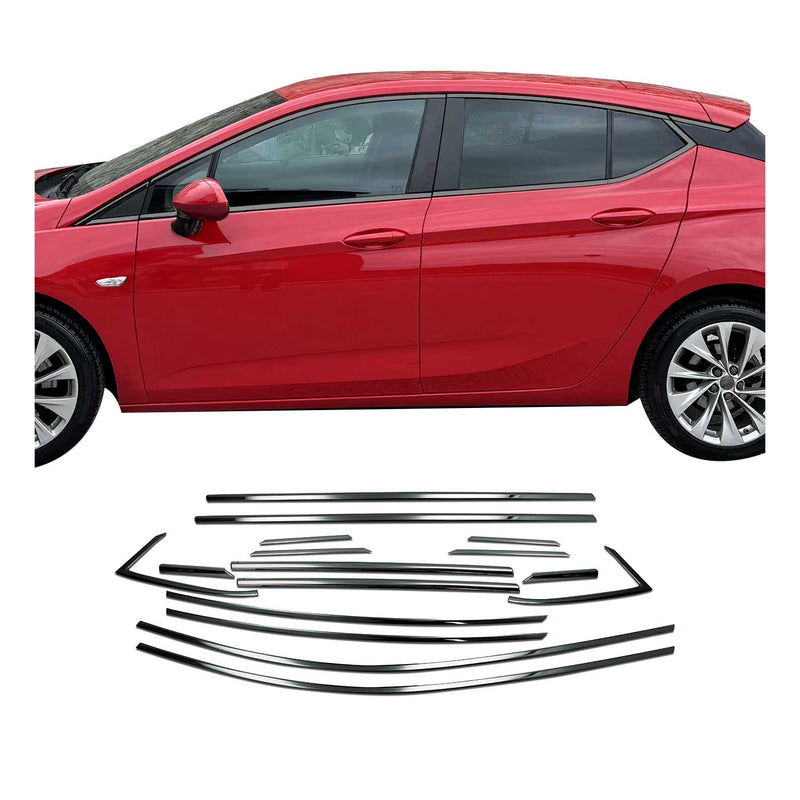 Listelli decorativi per finestrini Opel Astra K hatchback in acciaio inox scuro, 16 pezzi