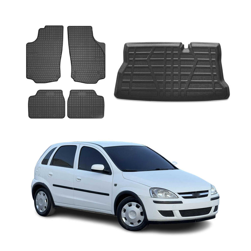 Set tappetini e vaschetta per bagagliaio per Opel Corsa C hatchback 2000-2006 in gomma 5 pezzi