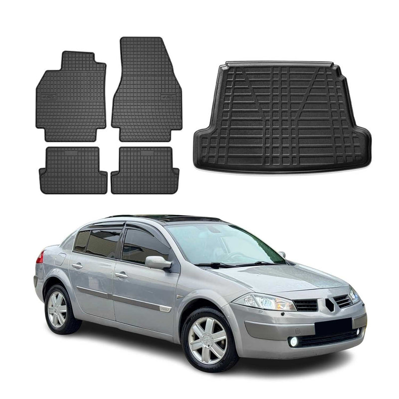 Set tappetini e vaschetta per bagagliaio per Renault Megane berlina 2004-2010 in gomma 5 pezzi