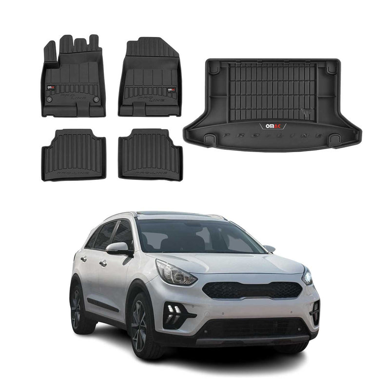 Set di tappetini e vaschetta per bagagliaio OMAC per Kia e-Niro 2018-2025 in gomma nera, 5 pezzi