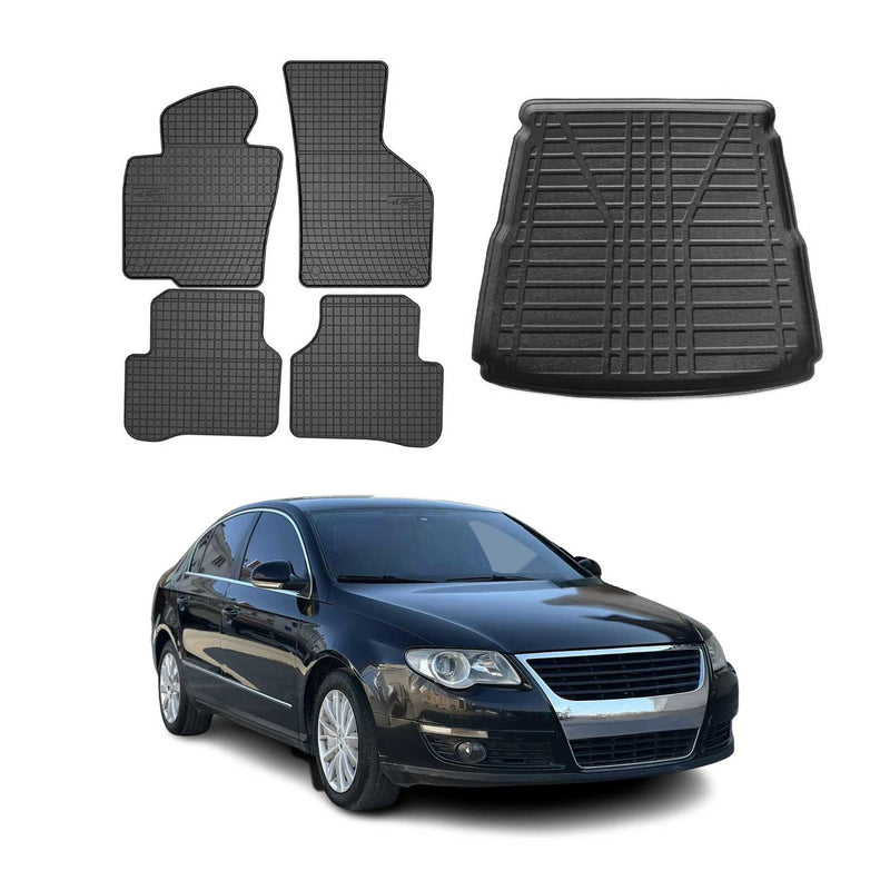Set tappetini e vaschetta per bagagliaio per VW Passat 2005-2010 Gomma superiore nera 5 pezzi